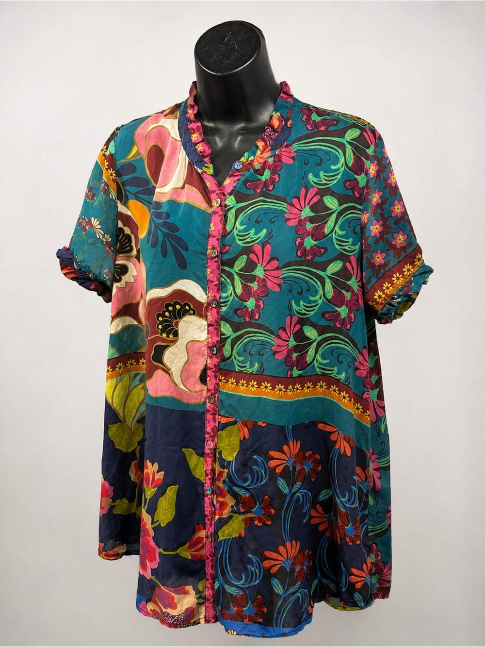 Johnny Was 100% Silk Patchwork Floral Blouse Boho Ruffle Top | Medium